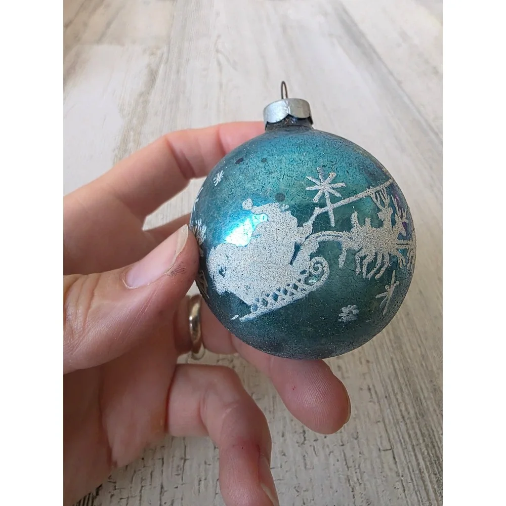 Vintage Santa reindeer stencil blue Glass ornament deer slay Xmas tree